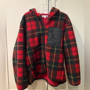 JW ANDERSON Red and Black Plaid Sherpa Hooded Jacket